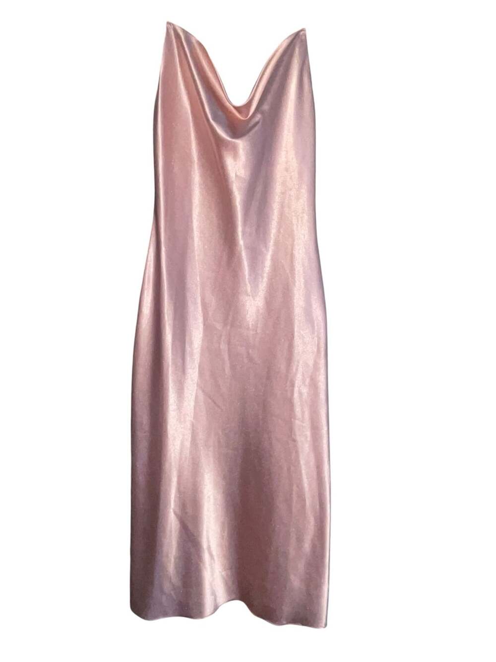 Birdy Grey Liza Rose Gold Metallic Satin Cowl Neck Slip Midi Dress S